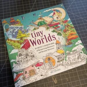 Tiny Worlds Coloring Book - Teal & Multicolor Cover
